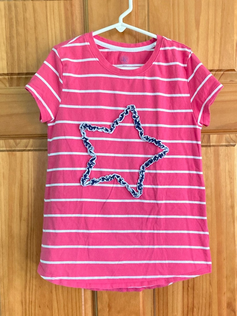 Girls size large J Khaki pink and white striped shirt with navy blue star